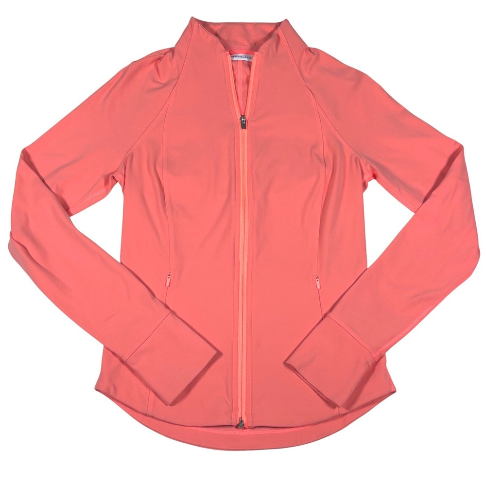 Athleta Salutation Jacket Womens XS Coral Pink Full Zip Mock Neck Thumbholes